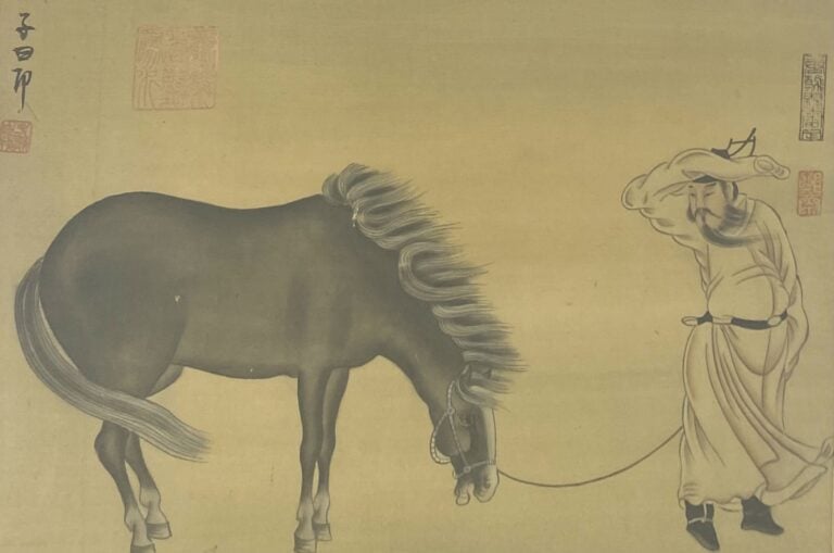 PEINTURE SUR SOIE - Chine - Homme promenant son cheval - Cachets - Dimensions (…