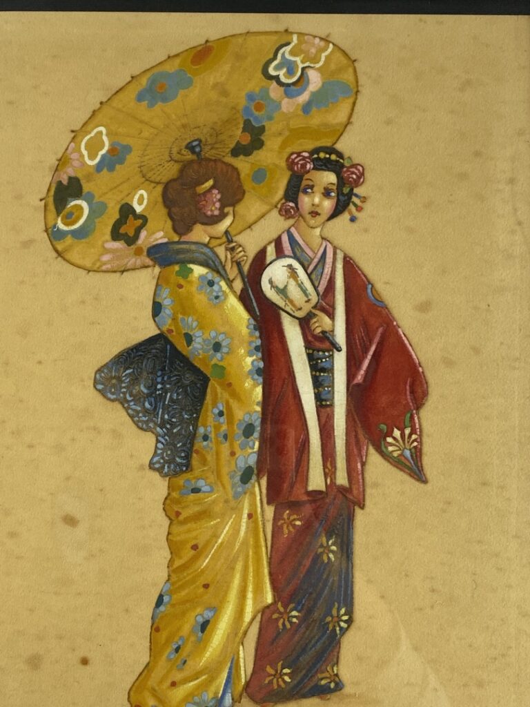 Peinture sur tissu représentant deux gheisha, l'une tenant une ombrelle l'autre…