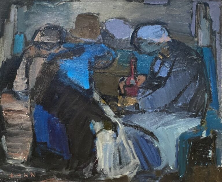 Personnages attablés - Huile sur toile, signée en bas à gauche, contresignée au…