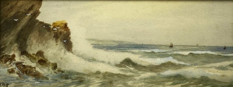 Petite huile sur carton Bord de Seine et aquarelle Bord de mer - Dim (à vue) :…