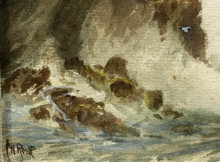 Petite huile sur carton Bord de Seine et aquarelle Bord de mer - Dim (à vue) :…