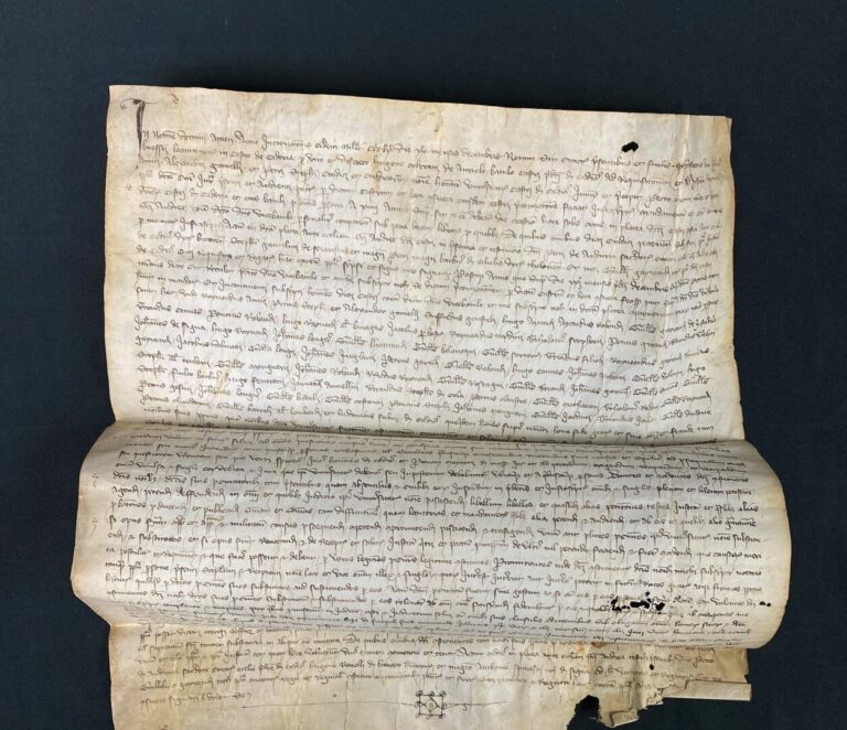 Pièce manuscrite datée de 1360. - Pièce sur vélin de 36 x 43 cm, encre noire. -…