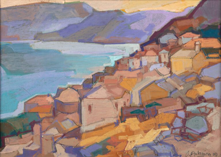 Pierre Bedros ASLANIAN (né en 1937) - Village de bord de mer - Gouache sur isor…