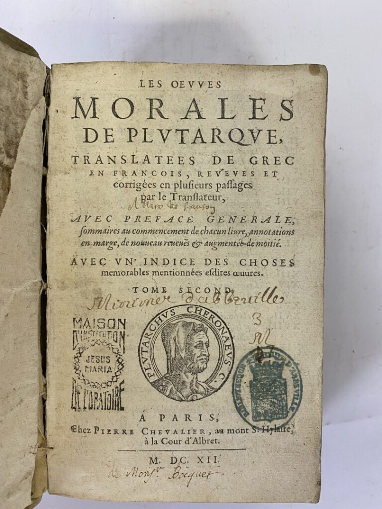 PLUTARQUE - - Oeuvres morales translatées de grec en français, reveues [revues]…