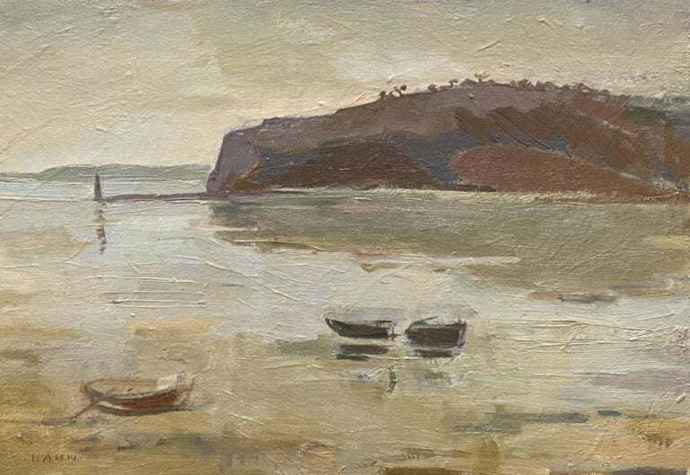 Pont ; bord de mer, paysage de montagne - Trois huiles sur toiles, deux signées…