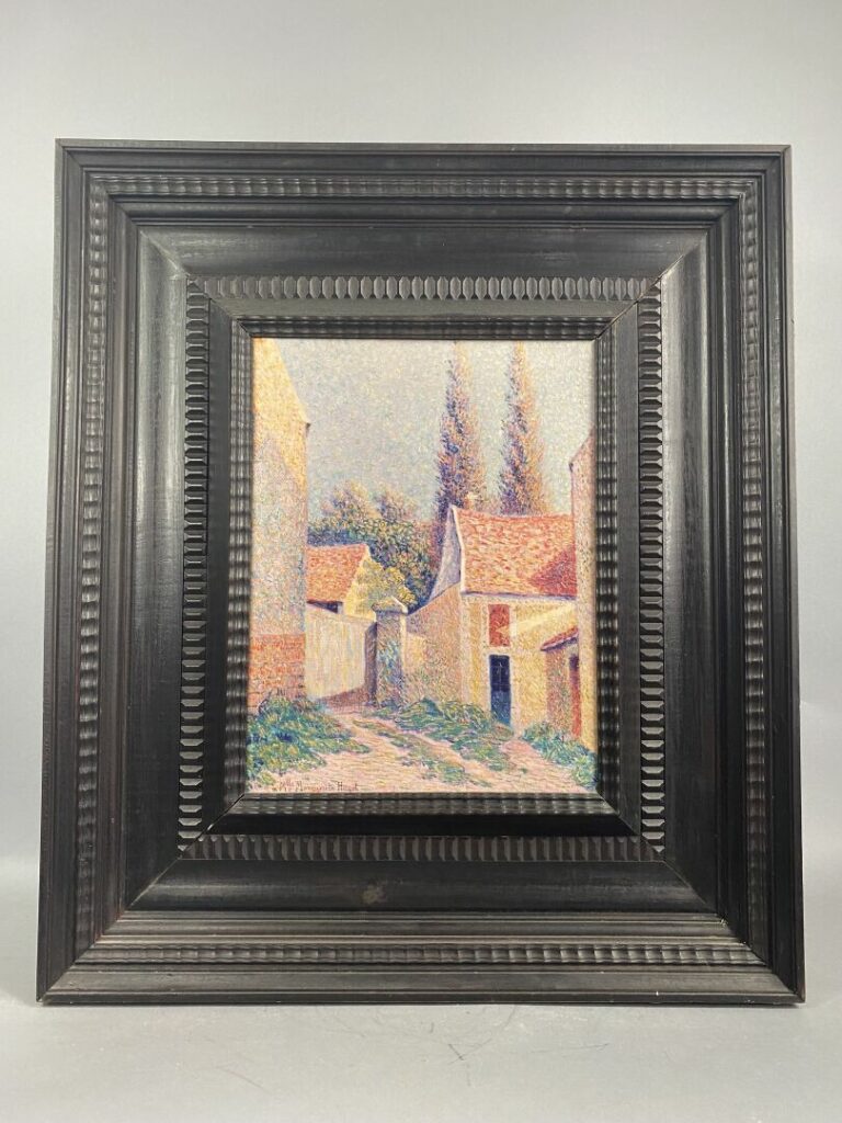 Procédé sur toile représentant une vue de village - 36 x 27 cm