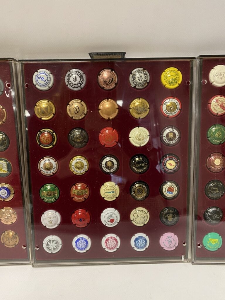 Quatre tableaux de placomusophilie (154 plaques de muselets de champagne)