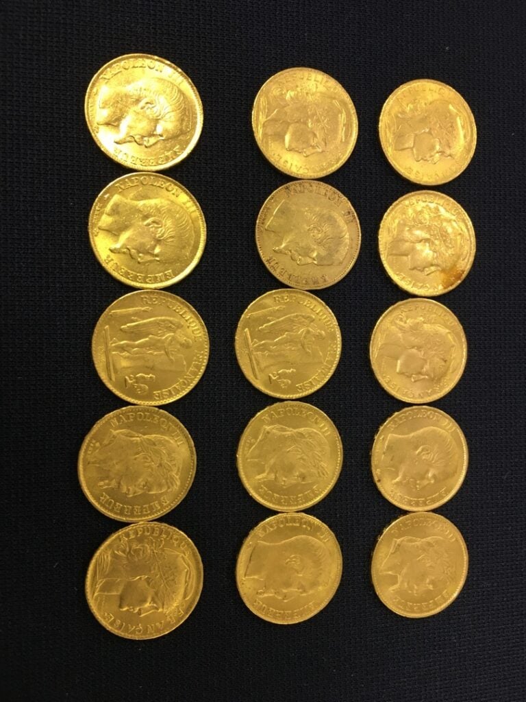 Quinze pièces de 20 francs or.