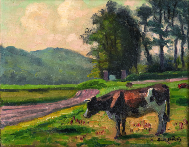 René Liénard de SAINT- DELIS (1873-1958) Paysage avec une vache - Huile sur pan…
