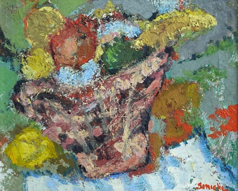 René SINICKI (1910- ?) - Panier de fruits - Huile sur toile signée en bas à dro…