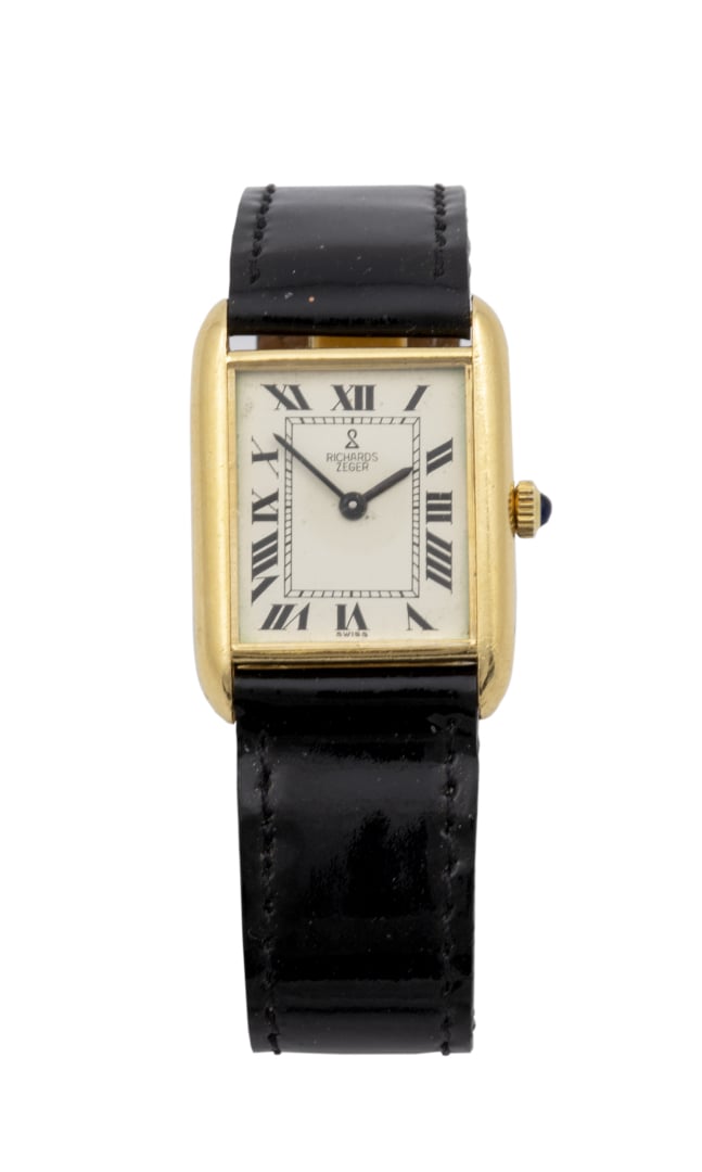 RICHARDS ZEGER. - BRACELET MONTRE rectangulaire en or jaune (750 millièmes). Ca…
