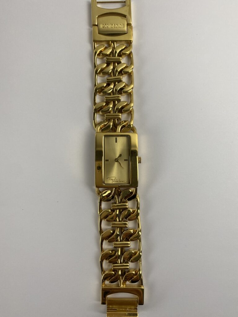 Roberto CAVALLI - Montre bracelet de dame en acier et métal doré, boîtier recta…