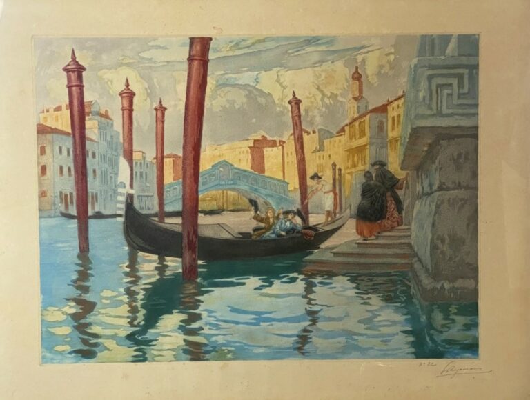ROGANEAU. - Vue des canaux de Venise - Lithographie