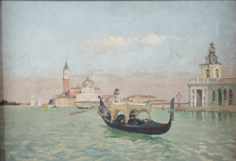 Roger Joseph JOURDAIN (1845-1918). - Gondole dans la lagune de Venise - Huile s…