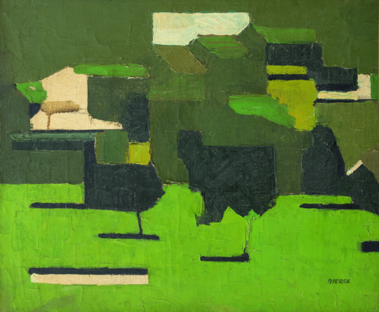 Roland BIERGE (1922-1991) - Pommiers et maisons - Huile sur toile, signée en ba…