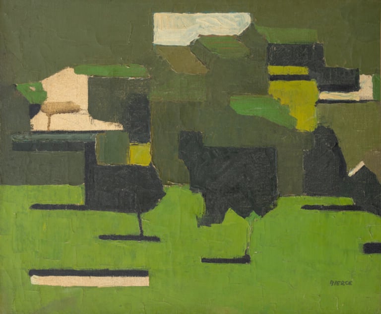 Roland BIERGE (1922-1991) - Pommiers et maisons - Huile sur toile, signée en ba…