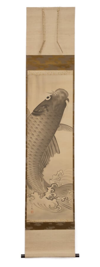 Rouleau suspendu (kakejiku) avec une peinture à l'encre monochrome très dynamiq…