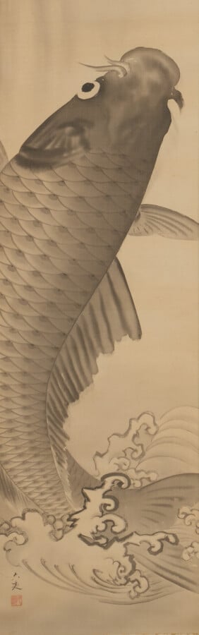 Rouleau suspendu (kakejiku) avec une peinture à l'encre monochrome très dynamiq…