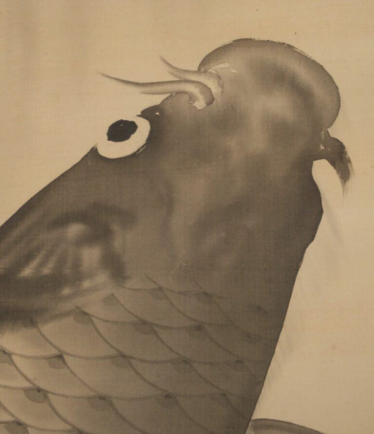 Rouleau suspendu (kakejiku) avec une peinture à l'encre monochrome très dynamiq…