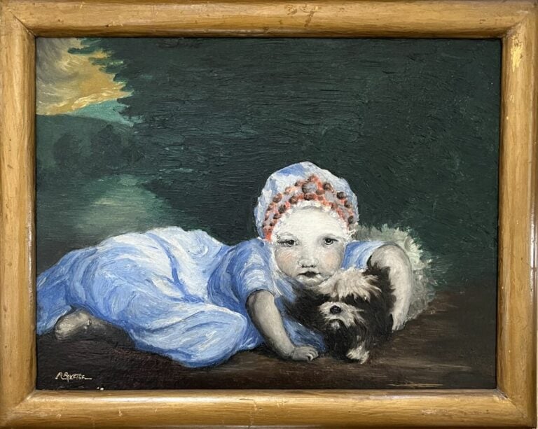 ROYETTE - Fillette au chien - Huile sur panneau, signée en bas à gauche - 26,5…
