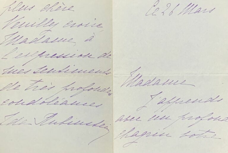 Rubinstein, Ida L.a.s. - Lettre de condoléances à l'occasion de la mort de Debu…