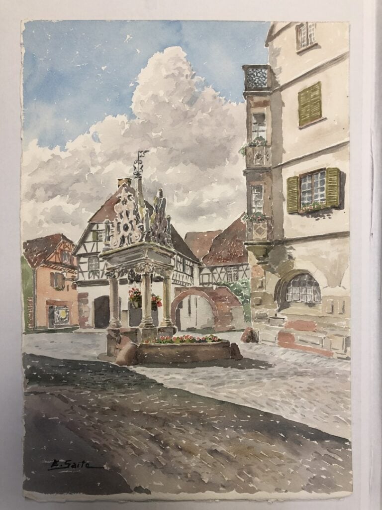 SAITO Ei Ichi (né en 1920). - Boetsch, la fontaine et la Porte Est - Aquarelle…