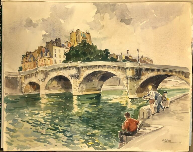 SAITO Ei Ichi (né en 1920) - Le Pont Neuf - Aquarelle sur papier, signé en bas…