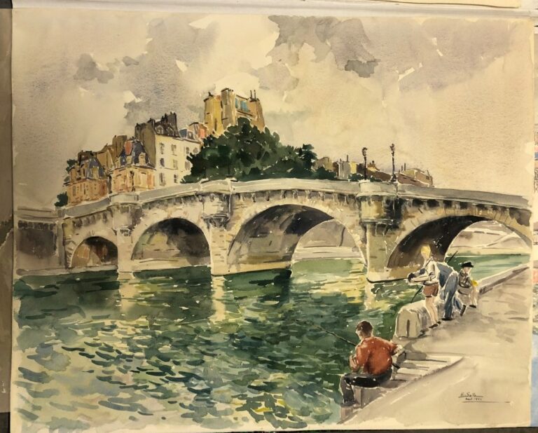 SAITO Ei Ichi (né en 1920). - Paris, pêcheurs au Pont Neuf - Aquarelle sur papi…