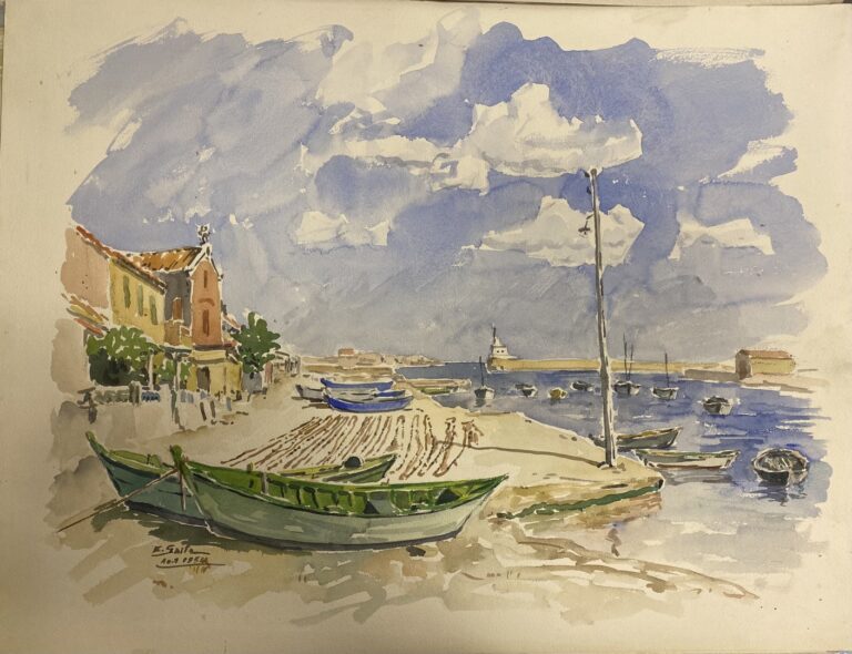 SAITO Ei Ichi (né en 1920). - Port méditerranéen - Aquarelle sur papier, signée…