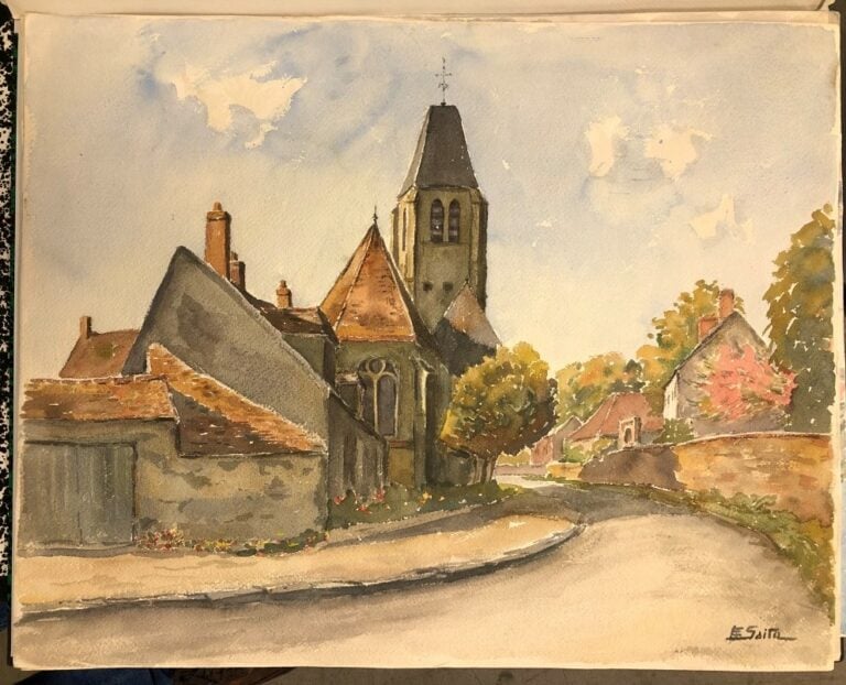 SAITO Ei Ichi (né en 1920) - Vue d'église - Aquarelle sur papier, signé en bas…