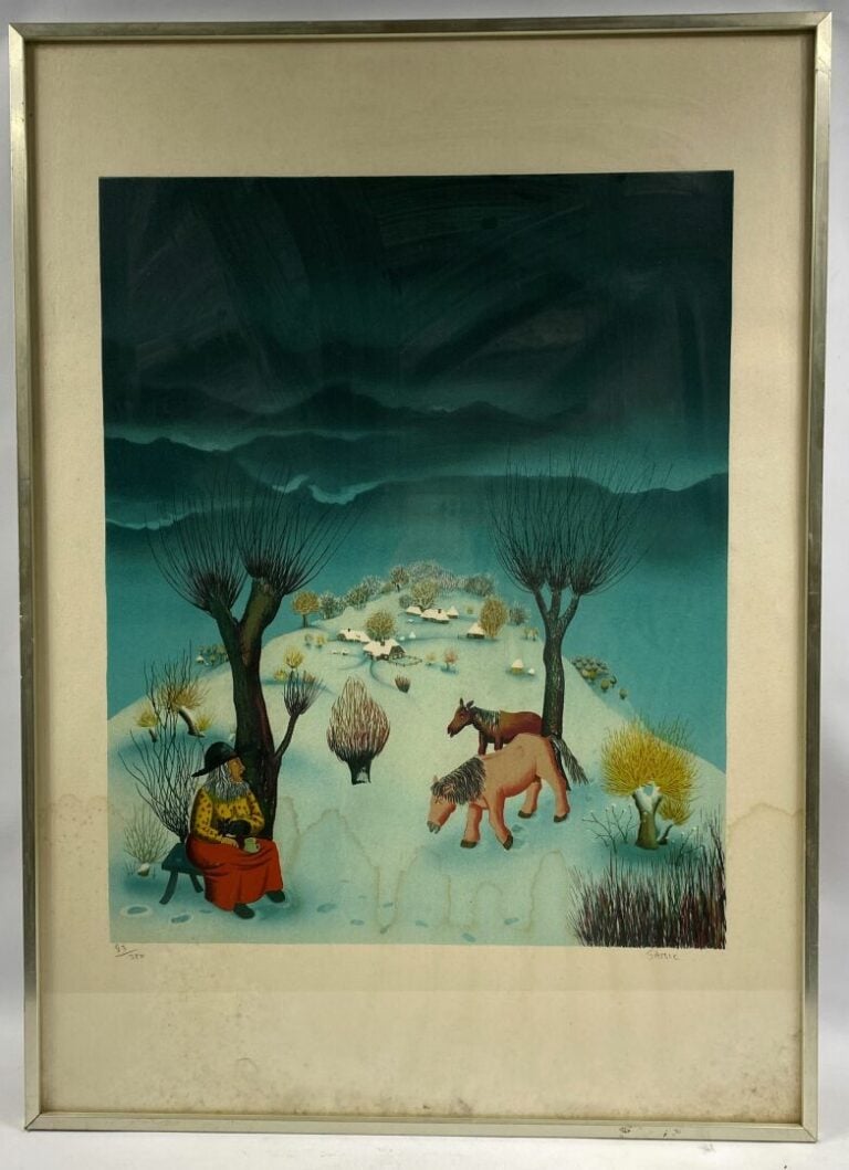 SAMIC (XXe) - Femme au chat et chevaux - Lithographie, signée en bas à droite -…