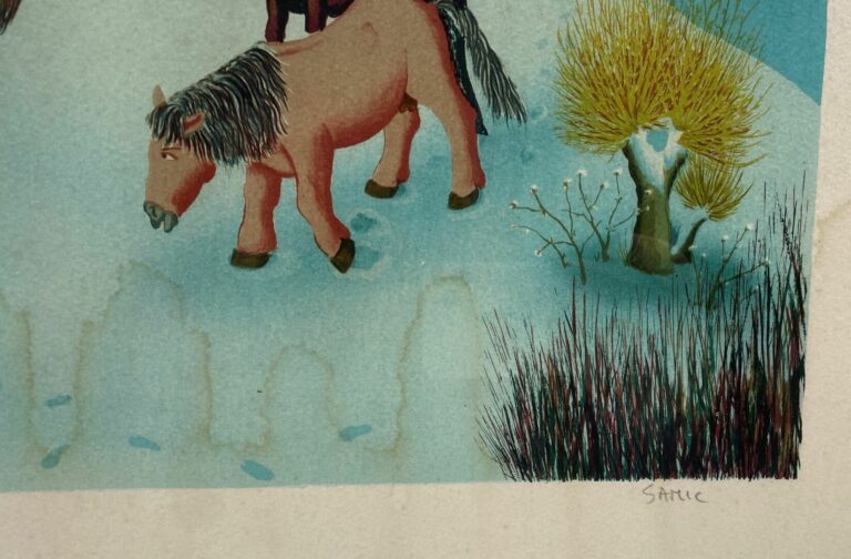 SAMIC (XXe) - Femme au chat et chevaux - Lithographie, signée en bas à droite -…