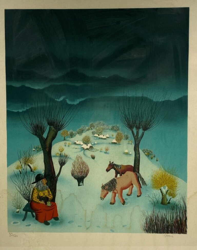 SAMIC (XXe) - Femme au chat et chevaux - Lithographie, signée en bas à droite -…