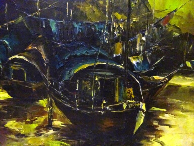 SAMPANS SUR L'EAU - Vietnam, XXe siècle - huile sur toile - signée en bas à dro…