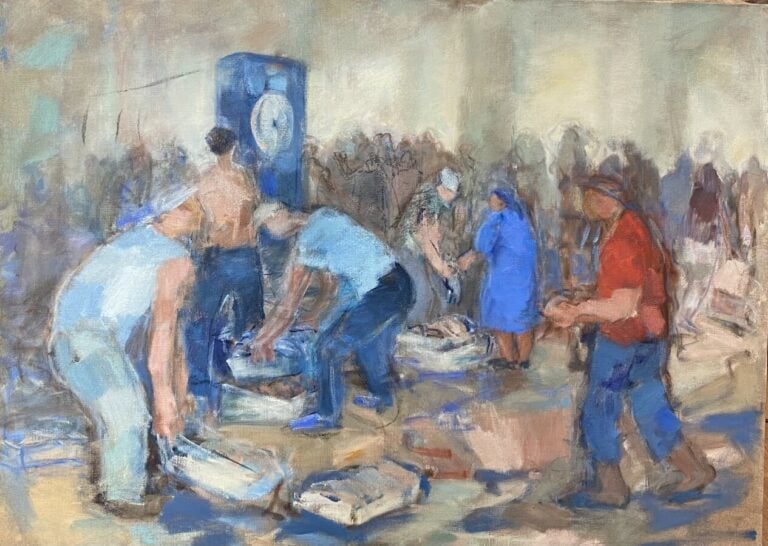 Scène animée au port - Huile sur toile, - 73 x 100 cm