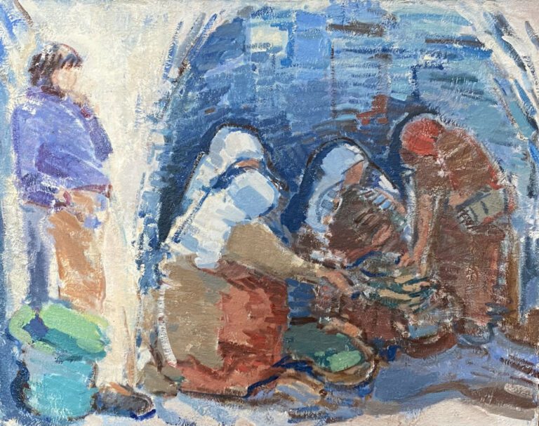 Scène de marché oriental, berbère - Huile sur toile, signée au dos - 73 x 92 cm…
