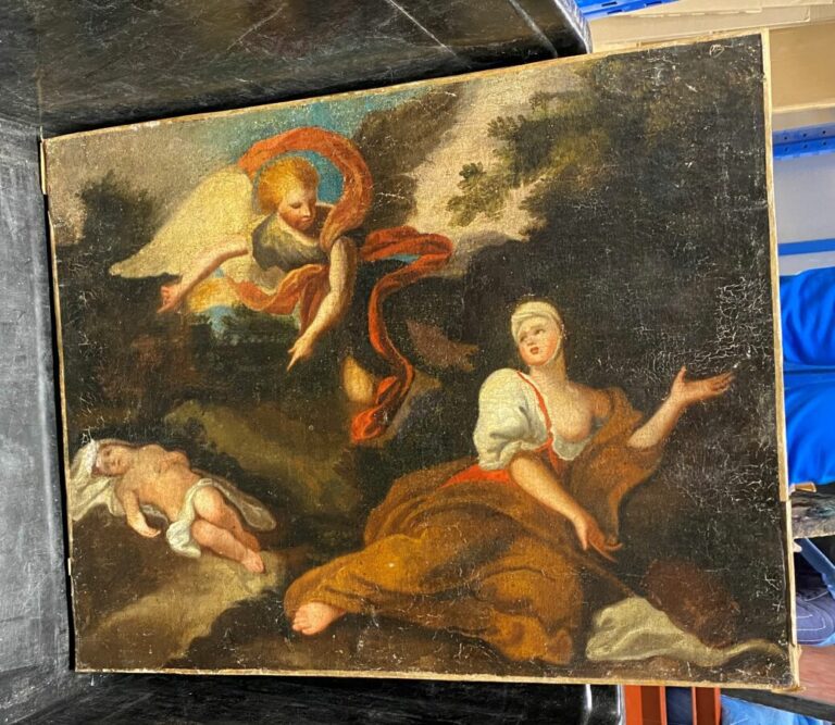 Scène religieuse. Huile sur toile rentoilée, XIXème. 39 x 48 cm