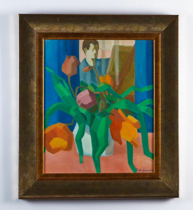 SCHUFFENECKER Jacques (1941-1996) - "Autoportrait au bouquet de tulipes" - Huil…