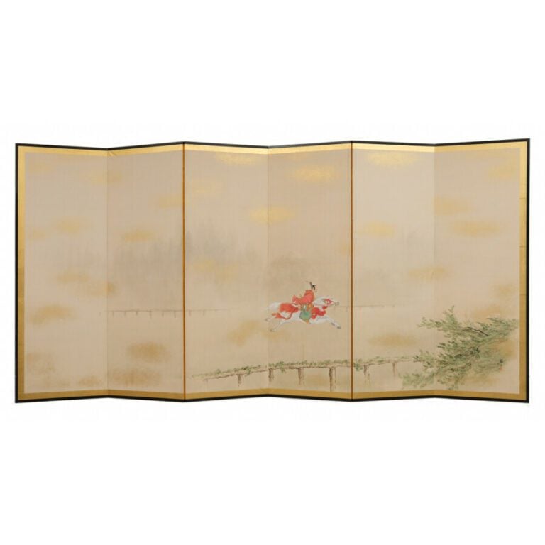 Séparateur de pièce byobu à six panneaux avec une peinture continue d'un guerri…