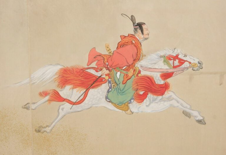 Séparateur de pièce byobu à six panneaux avec une peinture continue d'un guerri…