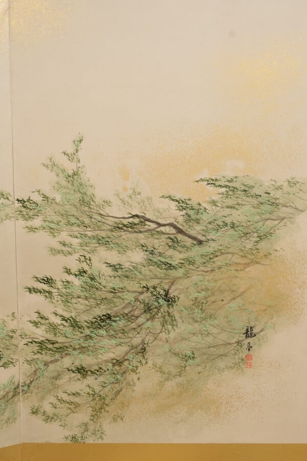 Séparateur de pièce byobu à six panneaux avec une peinture continue d'un guerri…