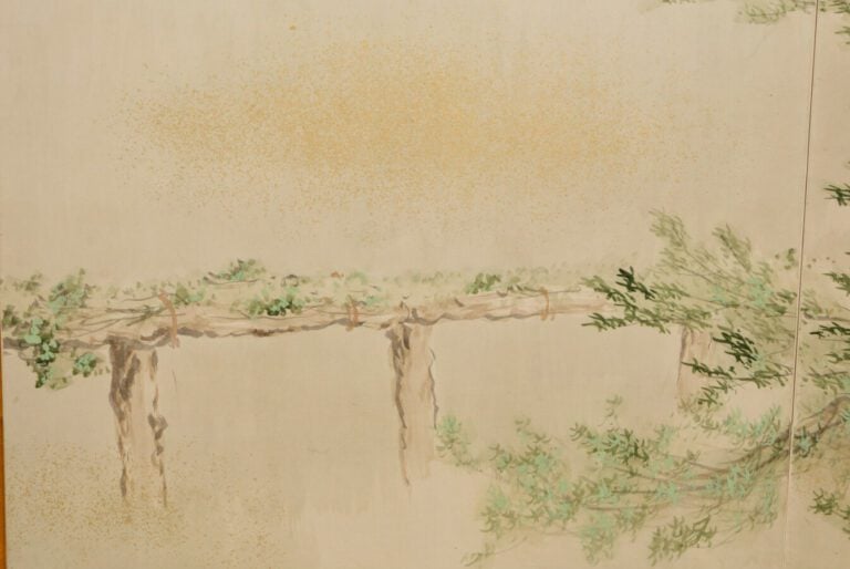 Séparateur de pièce byobu à six panneaux avec une peinture continue d'un guerri…
