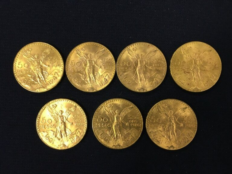 Sept pièces de 50 pesos or, 1947.