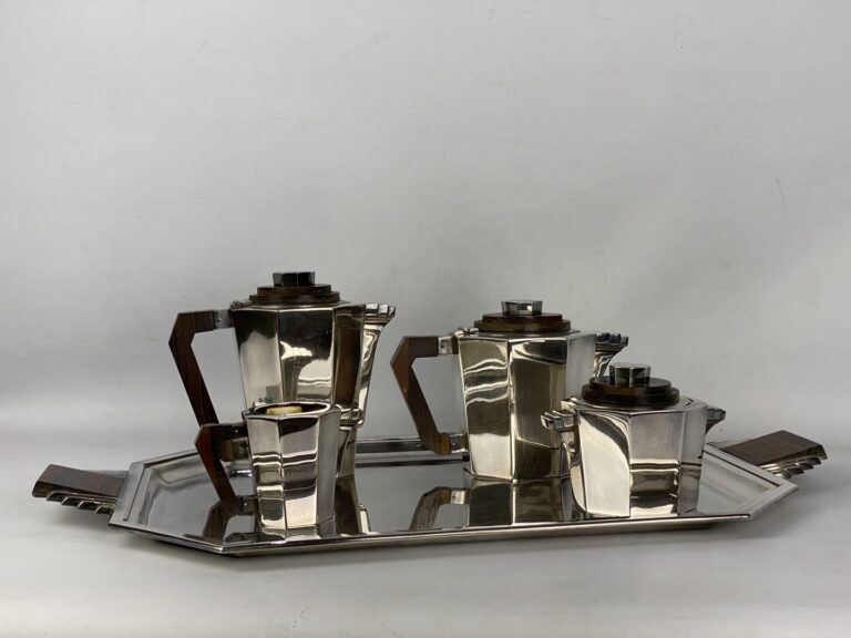 Service à thé café 4 pièces et un plateau à deux anses en métal argenté modèle…