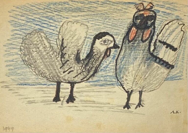 Slavko KOPA (1913-1995) - Le coq et la poule, 1949 - Encre et crayon de couleur…