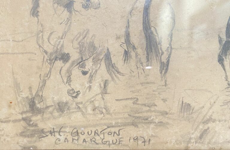 Stéphane GOURJON (1912) - Chevaux en Camargue - Crayon sur papier - Signé, situ…