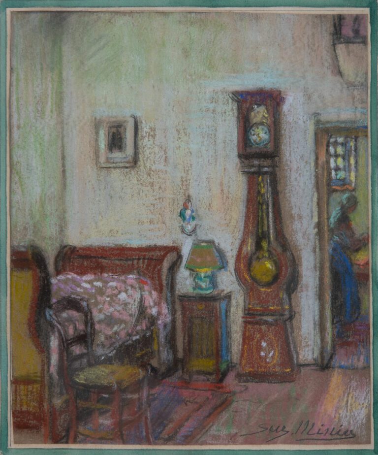 Suzanne MINIER (1884-?) - Intérieur à l'horloge comtoise - Pastel sur papier, s…