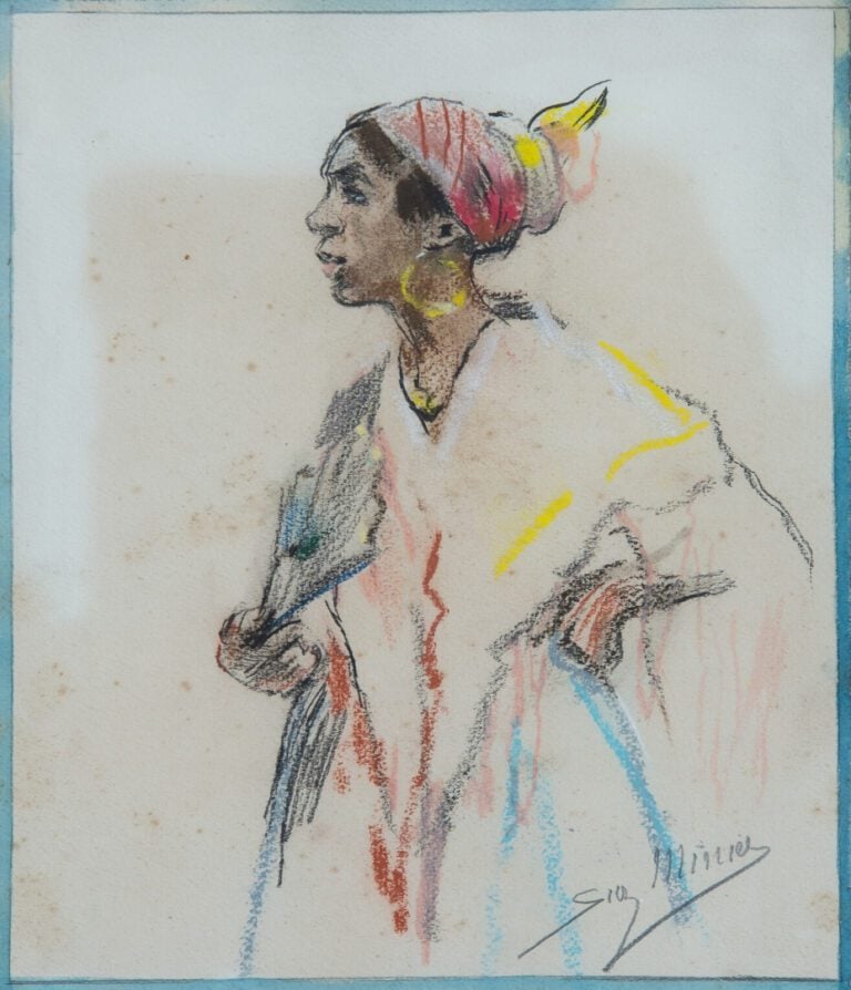 Suzanne MINIER (née en 1884). - Antillaise à l'éventail - Pastel sur papier, si…
