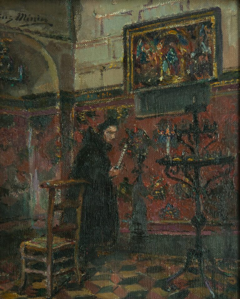 Suzanne MINIER (née en 1884). - Femme au cierge dans une église - Huile sur toi…