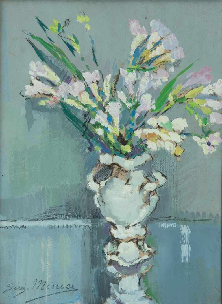 Suzanne MINIER (née en 1884). - Fleurs dans un vase blanc - Huile sur carton, s…
